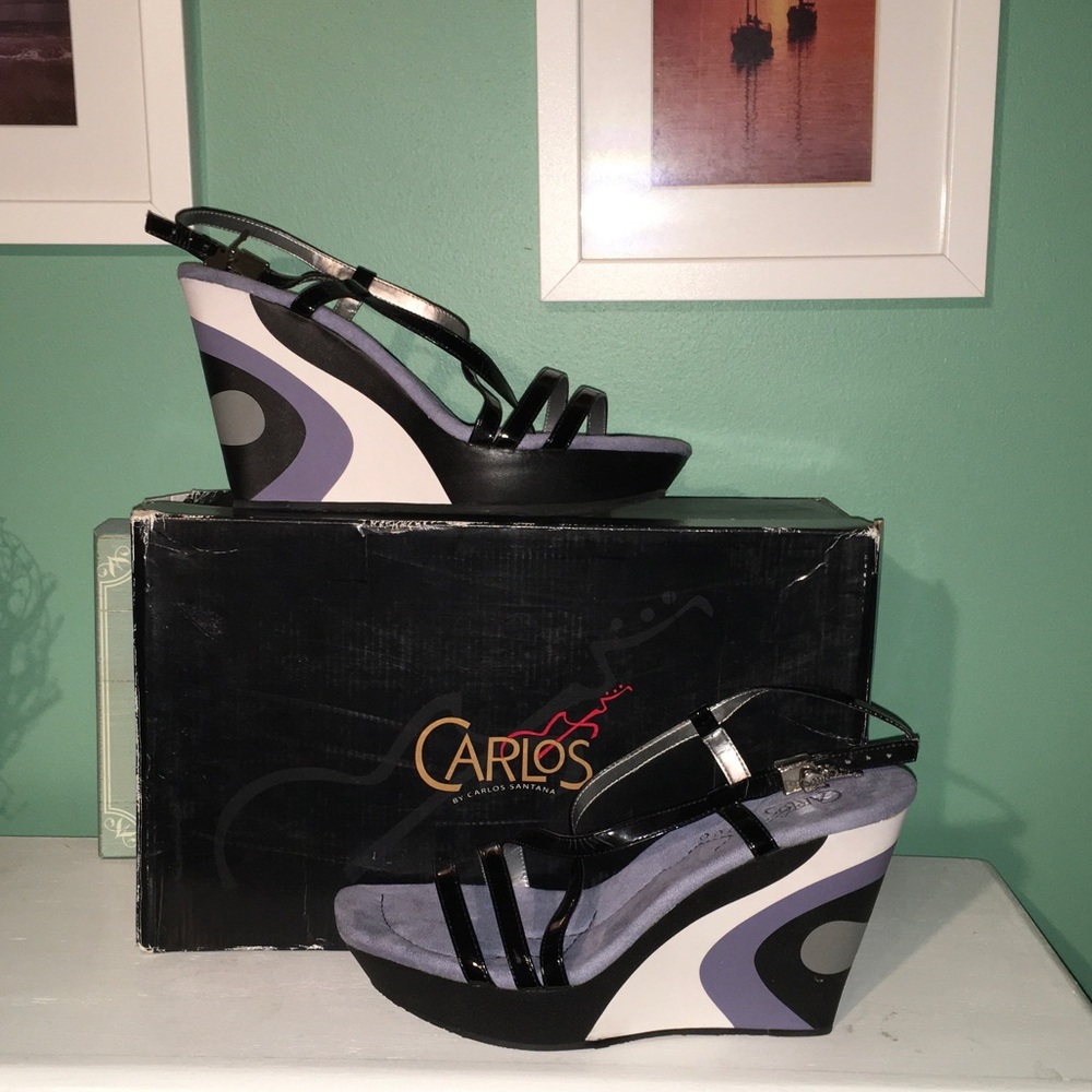 Carlos by Carlos Santana Black and Lavender Platform Wedge Sandals